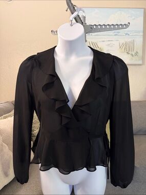 Forever 21 Black Ruffle Wrap Blouse - V-Neck Long Sleeve